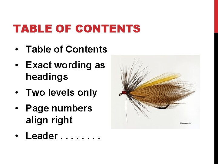 TABLE OF CONTENTS • Table of Contents • Exact wording as headings • Two