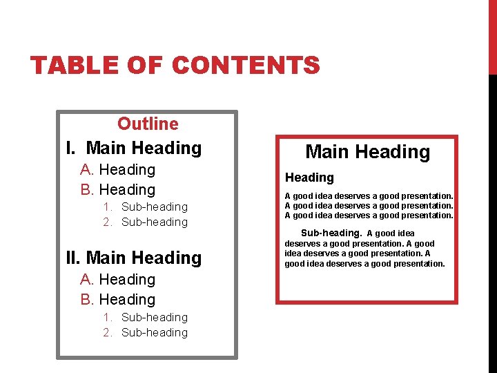 TABLE OF CONTENTS Outline I. Main Heading A. Heading B. Heading 1. Sub-heading 2.