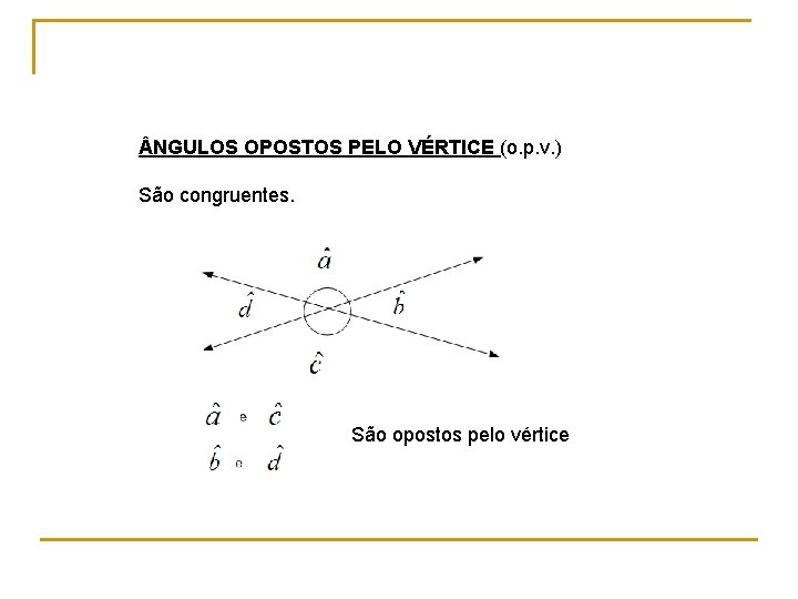 NGULOS OPOSTOS PELO VÉRTICE (o. p. v. ) São congruentes. São opostos pelo NGULOS OPOSTOS PELO VÉRTICE (o. p. v. ) São congruentes. São opostos pelo