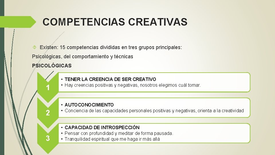 COMPETENCIAS CREATIVAS Existen: 15 competencias divididas en tres grupos principales: Psicológicas, del comportamiento y