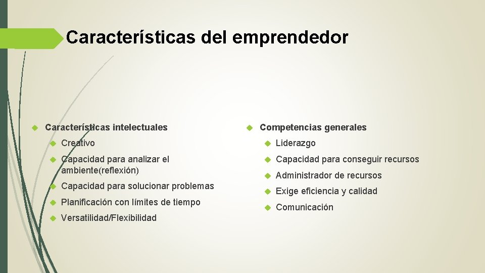 Características del emprendedor Características intelectuales Competencias generales Creativo Liderazgo Capacidad para analizar el ambiente(reflexión)