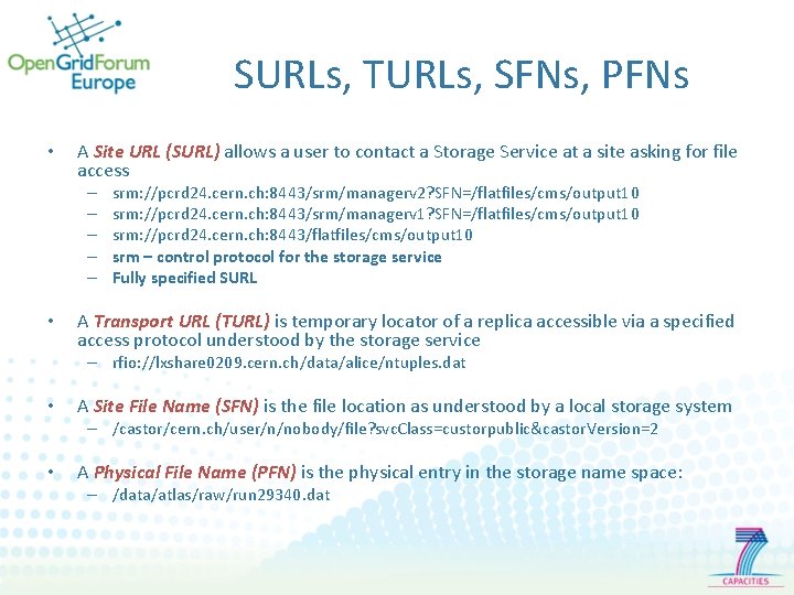 SURLs, TURLs, SFNs, PFNs • A Site URL (SURL) allows a user to contact
