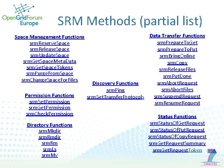 SRM Methods (partial list) Space Management Functions srm. Reserve. Space srm. Release. Space srm.