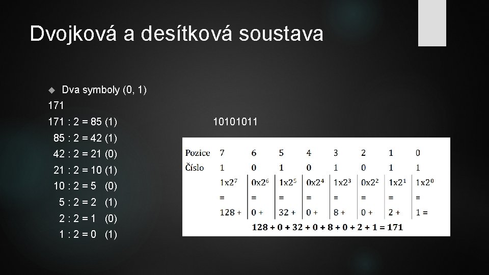 Dvojková a desítková soustava Dva symboly (0, 1) 171 : 2 = 85 (1)