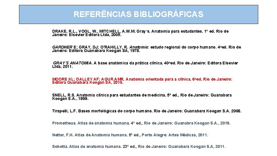 REFERÊNCIAS BIBLIOGRÁFICAS DRAKE, R. L. , VOGL, W. , MITCHELL, A. W. M. Gray