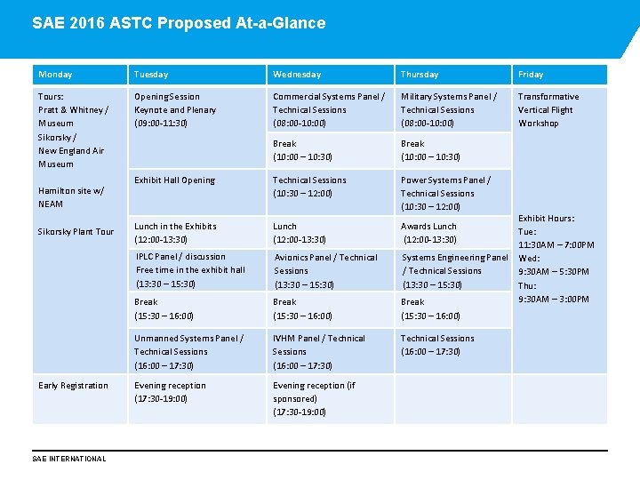SAE 2016 ASTC Proposed At-a-Glance Monday Tuesday Wednesday Thursday Friday Tours: Pratt & Whitney