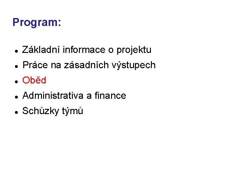 Program: Základní informace o projektu Práce na zásadních výstupech Oběd Administrativa a finance Schůzky