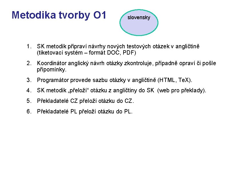 Metodika tvorby O 1 slovensky 1. SK metodik připraví návrhy nových testových otázek v