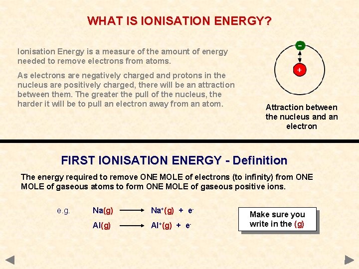 WHAT IS IONISATION ENERGY? - Ionisation Energy is a measure of the amount of