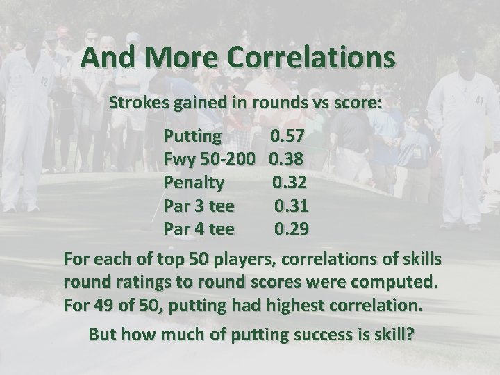 And More Correlations Strokes gained in rounds vs score: Putting 0. 57 Fwy 50