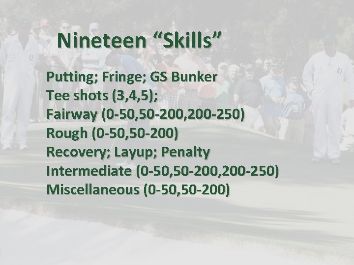 Nineteen “Skills” Putting; Fringe; GS Bunker Tee shots (3, 4, 5); Fairway (0 -50,