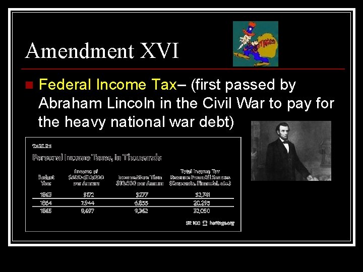 Amendment XVI n Federal Income Tax– (first passed by Abraham Lincoln in the Civil