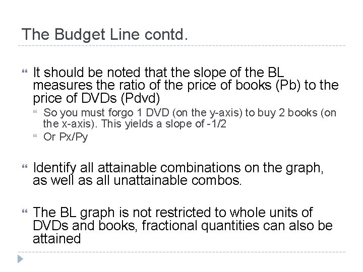 The Budget Line contd. It should be noted that the slope of the BL The Budget Line contd. It should be noted that the slope of the BL