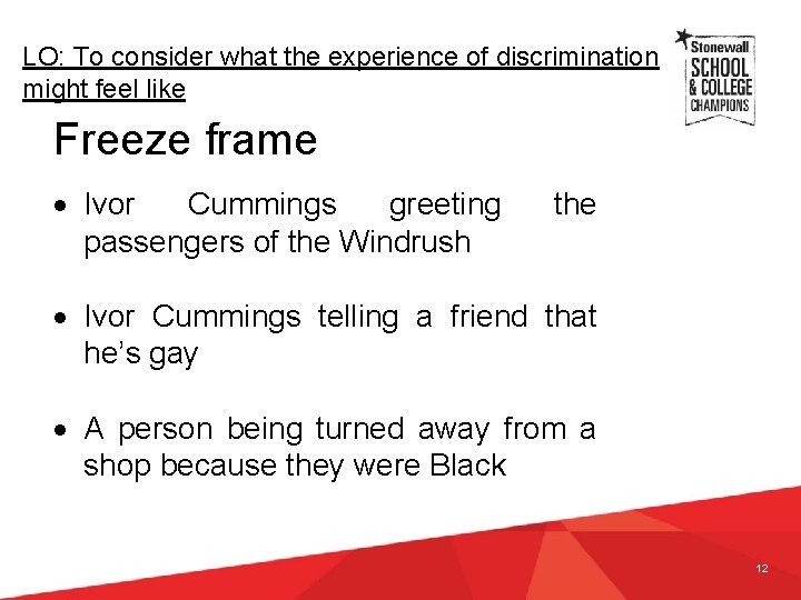 LO: To consider what the experience of discrimination might feel like Freeze frame Ivor LO: To consider what the experience of discrimination might feel like Freeze frame Ivor