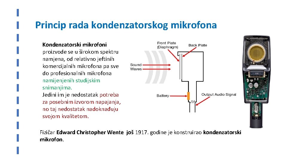 Princip rada kondenzatorskog mikrofona Kondenzatorski mikrofoni proizvode se u širokom spektru namjena, od relativno