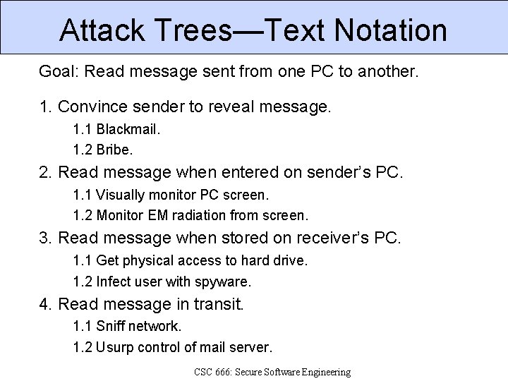 Attack Trees—Text Notation Goal: Read message sent from one PC to another. 1. Convince