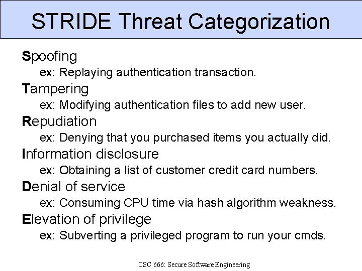 STRIDE Threat Categorization Spoofing ex: Replaying authentication transaction. Tampering ex: Modifying authentication files to