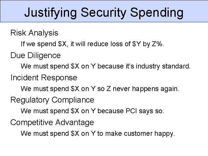 Justifying Security Spending Risk Analysis If we spend $X, it will reduce loss of