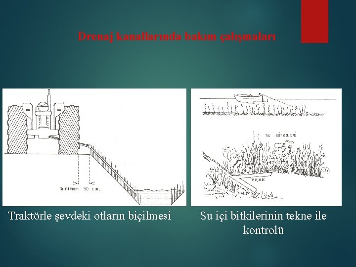 Drenaj kanallarında bakım çalışmaları Traktörle şevdeki otların biçilmesi Su içi bitkilerinin tekne ile kontrolü