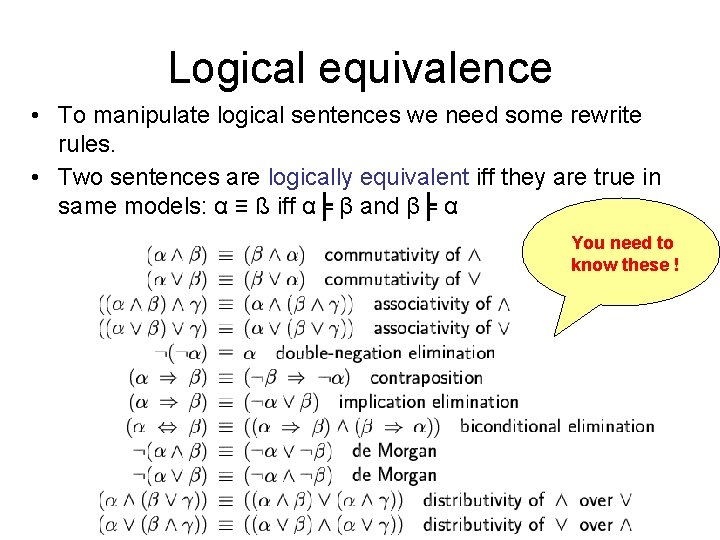 Logical equivalence • To manipulate logical sentences we need some rewrite rules. • Two