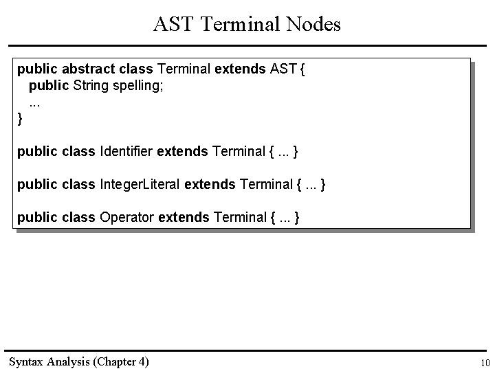 AST Terminal Nodes public abstract class Terminal extends AST { public String spelling; . AST Terminal Nodes public abstract class Terminal extends AST { public String spelling; .