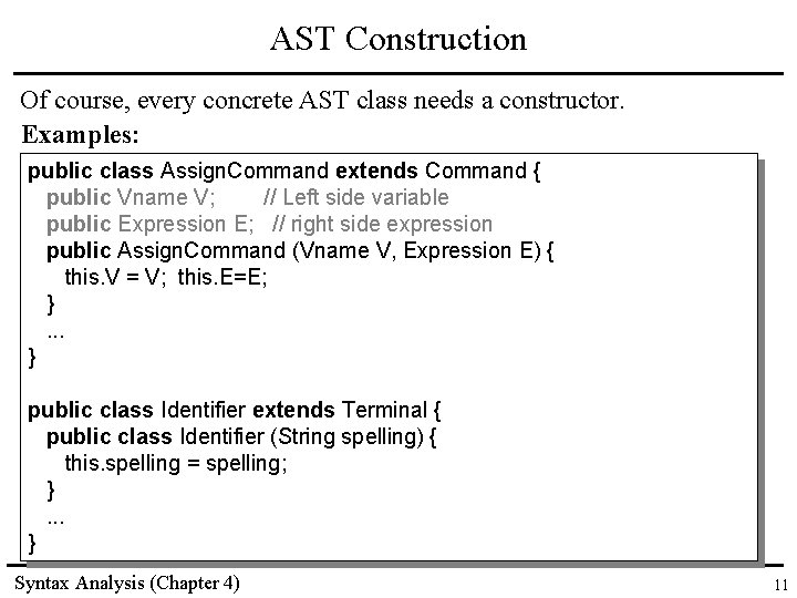 AST Construction Of course, every concrete AST class needs a constructor. Examples: public class AST Construction Of course, every concrete AST class needs a constructor. Examples: public class