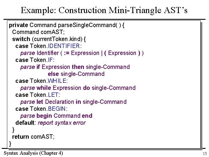 Example: Construction Mini-Triangle AST’s private Command parse. Single. Command( ) { Command com. AST; Example: Construction Mini-Triangle AST’s private Command parse. Single. Command( ) { Command com. AST;