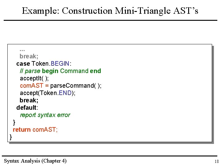 Example: Construction Mini-Triangle AST’s . . . break; case Token. BEGIN: // parse begin Example: Construction Mini-Triangle AST’s . . . break; case Token. BEGIN: // parse begin