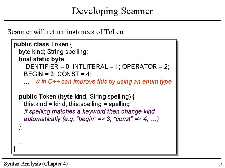 Developing Scanner will return instances of Token public class Token { byte kind; String Developing Scanner will return instances of Token public class Token { byte kind; String