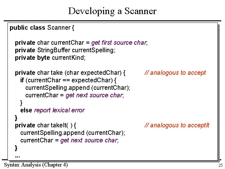 Developing a Scanner public class Scanner { private char current. Char = get first Developing a Scanner public class Scanner { private char current. Char = get first