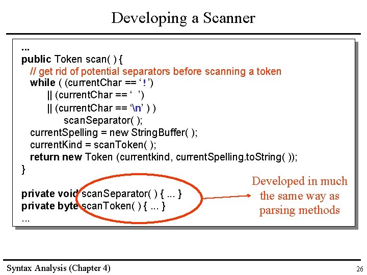 Developing a Scanner. . . public Token scan( ) { // get rid of Developing a Scanner. . . public Token scan( ) { // get rid of