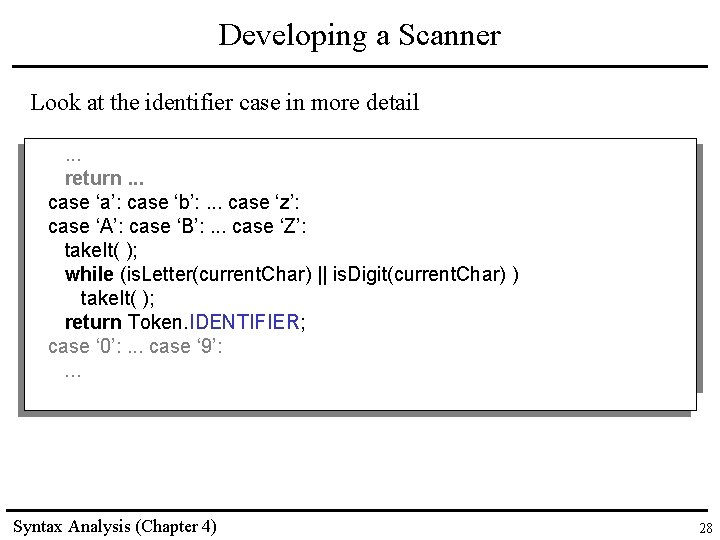Developing a Scanner Look at the identifier case in more detail. . . return. Developing a Scanner Look at the identifier case in more detail. . . return.