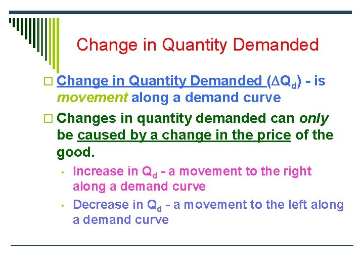 Change in Quantity Demanded o Change in Quantity Demanded ( Qd) - is movement