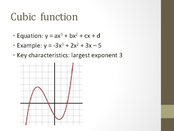 Cubic function • Equation: y = ax 3 + bx 2 + cx +