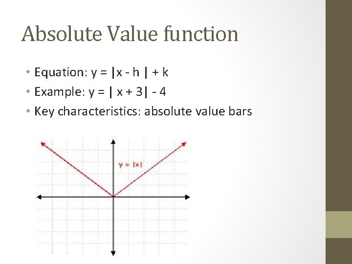 Absolute Value function • Equation: y = |x - h | + k •
