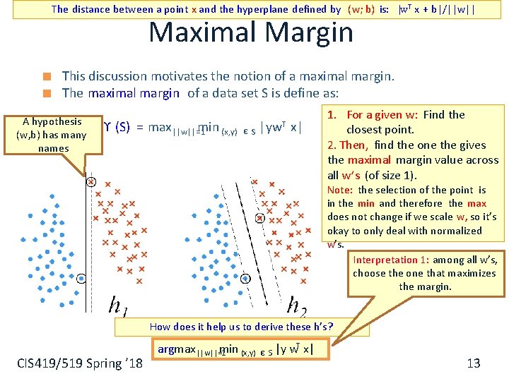 The distance between a point x and the hyperplane defined by ( w; b) The distance between a point x and the hyperplane defined by ( w; b)