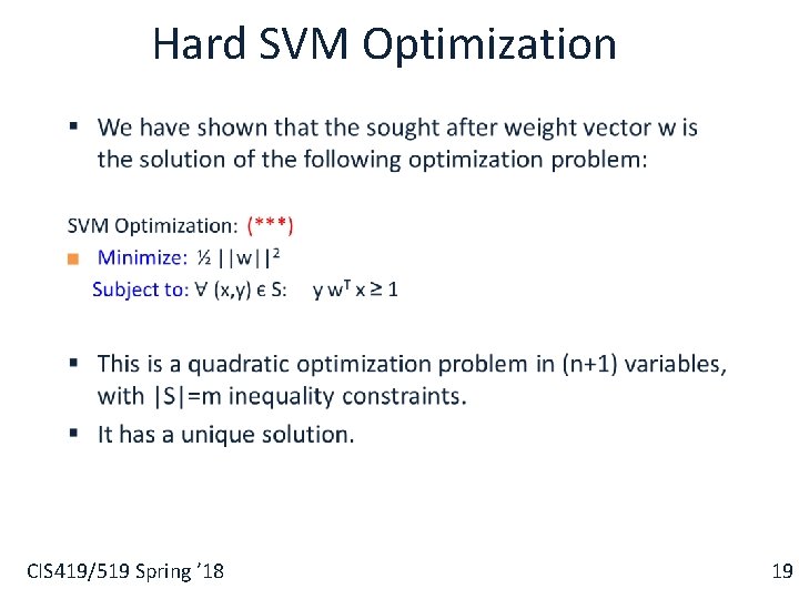 Hard SVM Optimization § CIS 419/519 Spring ’ 18 19 