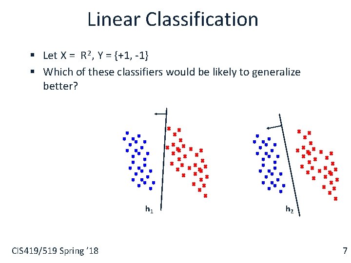 Linear Classification § Let X = R 2 , Y = {+1, -1} §