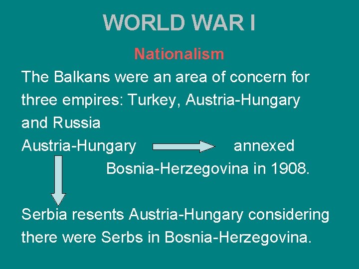 WORLD WAR I Nationalism The Balkans were an area of concern for three empires: