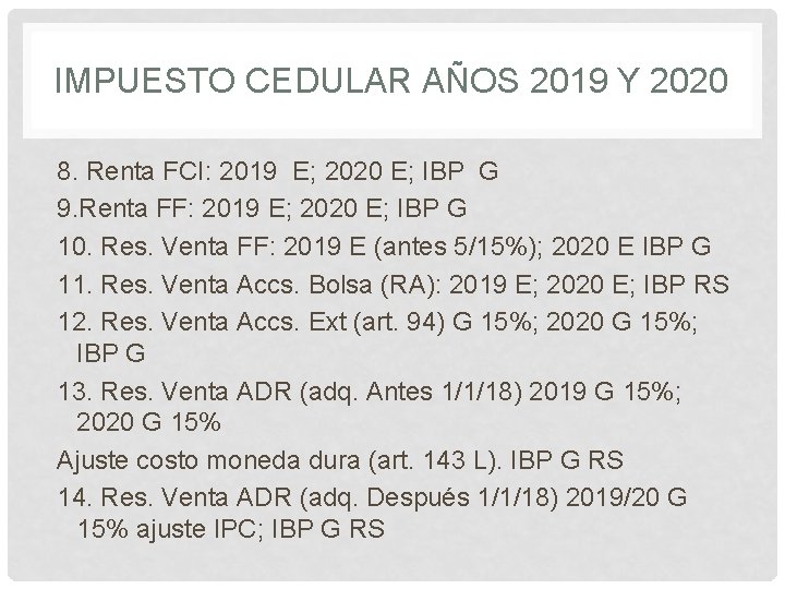 IMPUESTO CEDULAR AÑOS 2019 Y 2020 8. Renta FCI: 2019 E; 2020 E; IBP