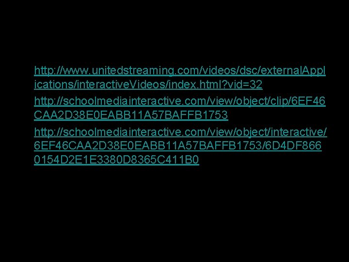  • http: //www. unitedstreaming. com/videos/dsc/external. Appl ications/interactive. Videos/index. html? vid=32 • http: //schoolmediainteractive.