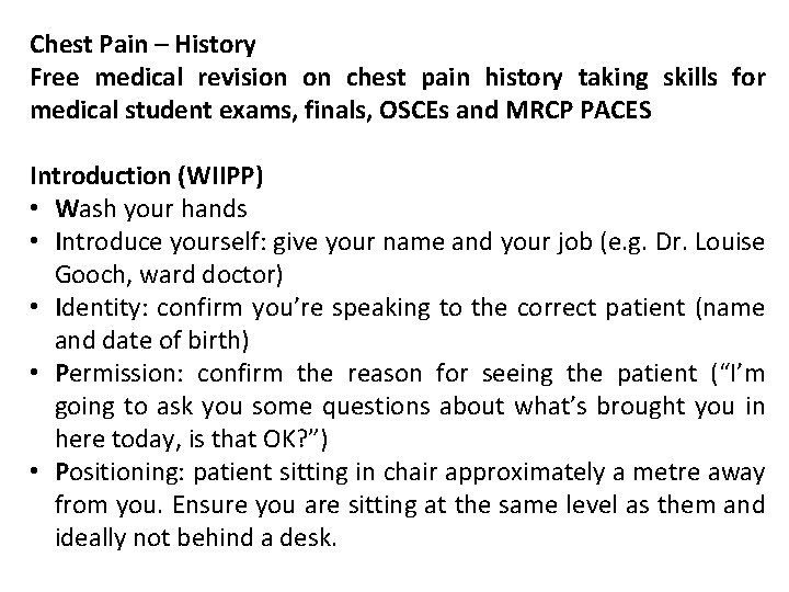 Chest Pain – History Free medical revision on chest pain history taking skills for