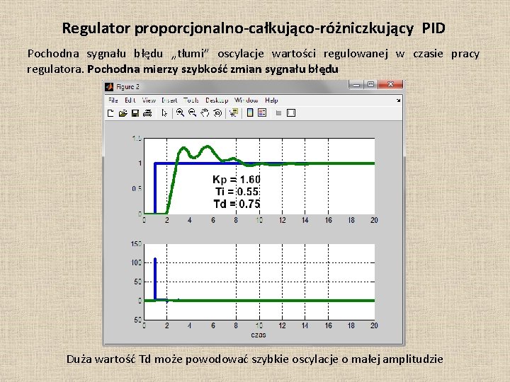 Regulator proporcjonalno-całkująco-różniczkujący PID Pochodna sygnału błędu „tłumi” oscylacje wartości regulowanej w czasie pracy regulatora.