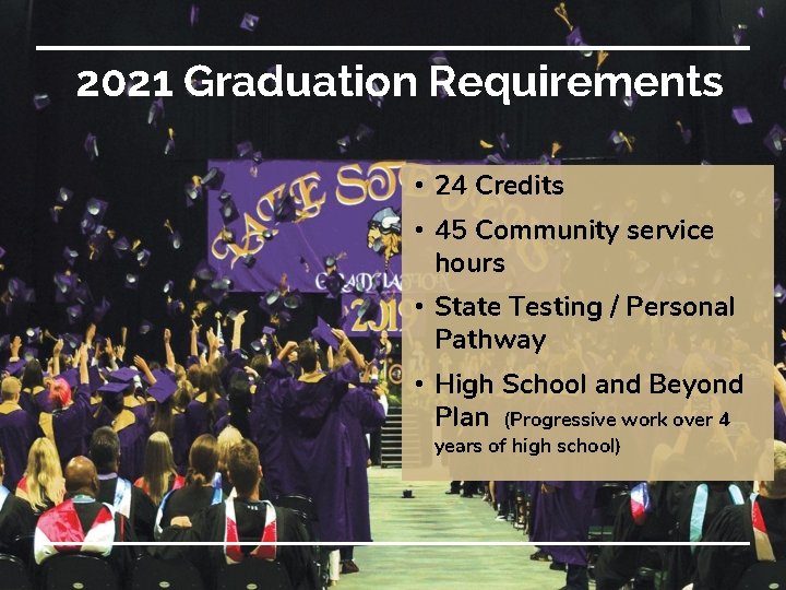 2021 Graduation Requirements • 24 Credits • 45 Community service hours • State Testing