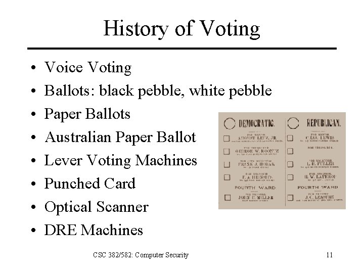 History of Voting • • Voice Voting Ballots: black pebble, white pebble Paper Ballots