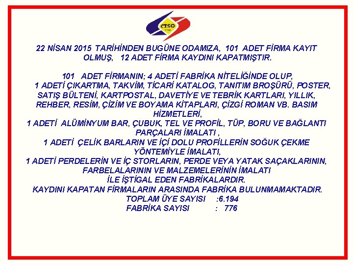 22 NİSAN 2015 TARİHİNDEN BUGÜNE ODAMIZA, 101 ADET FİRMA KAYIT OLMUŞ, 12 ADET FİRMA 22 NİSAN 2015 TARİHİNDEN BUGÜNE ODAMIZA, 101 ADET FİRMA KAYIT OLMUŞ, 12 ADET FİRMA