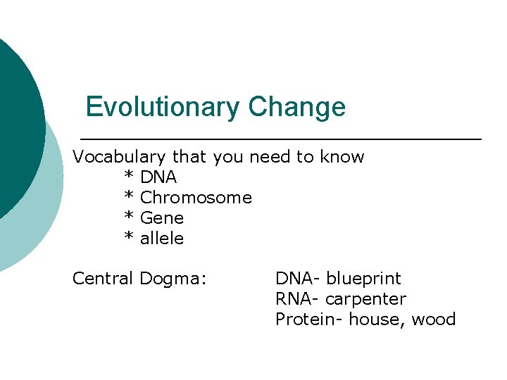 Evolutionary Change Vocabulary that you need to know * DNA * Chromosome * Gene