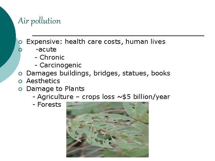 Air pollution ¡ ¡ ¡ Expensive: health care costs, human lives -acute - Chronic
