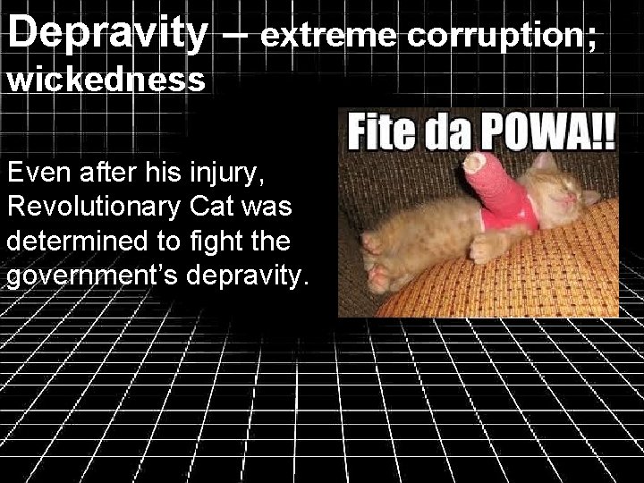 Depravity – extreme corruption; wickedness Even after his injury, Revolutionary Cat was determined to