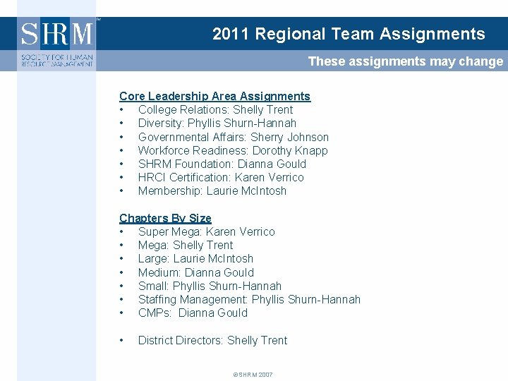 2011 Regional Team Assignments These assignments may change Core Leadership Area Assignments • College